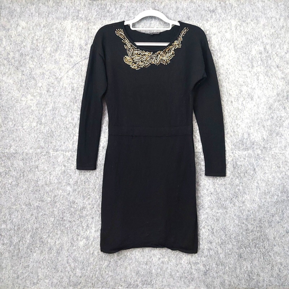 Antonio Melani Dress M Black 100% Merino Wool‎ Beaded Embellish Elegance Glamour